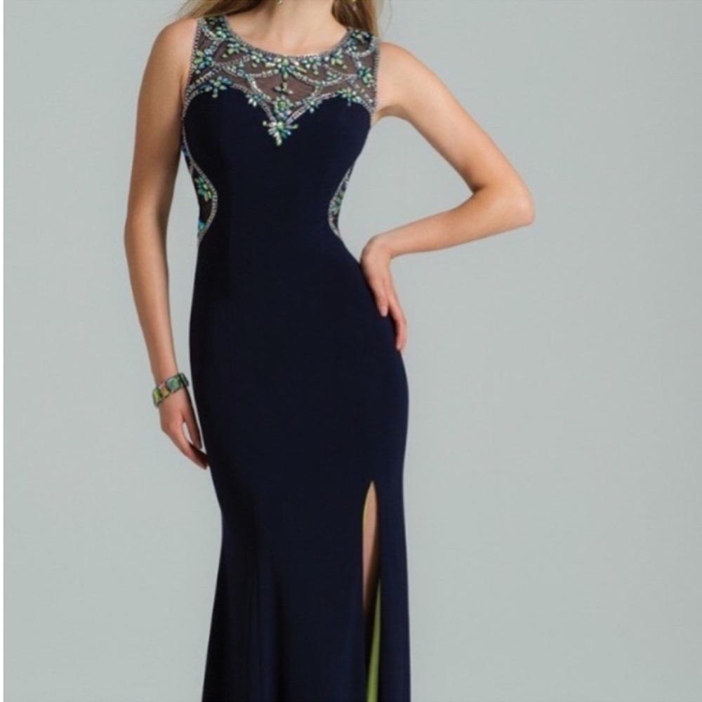 Jeweled Navy Blue Prom dress with slit